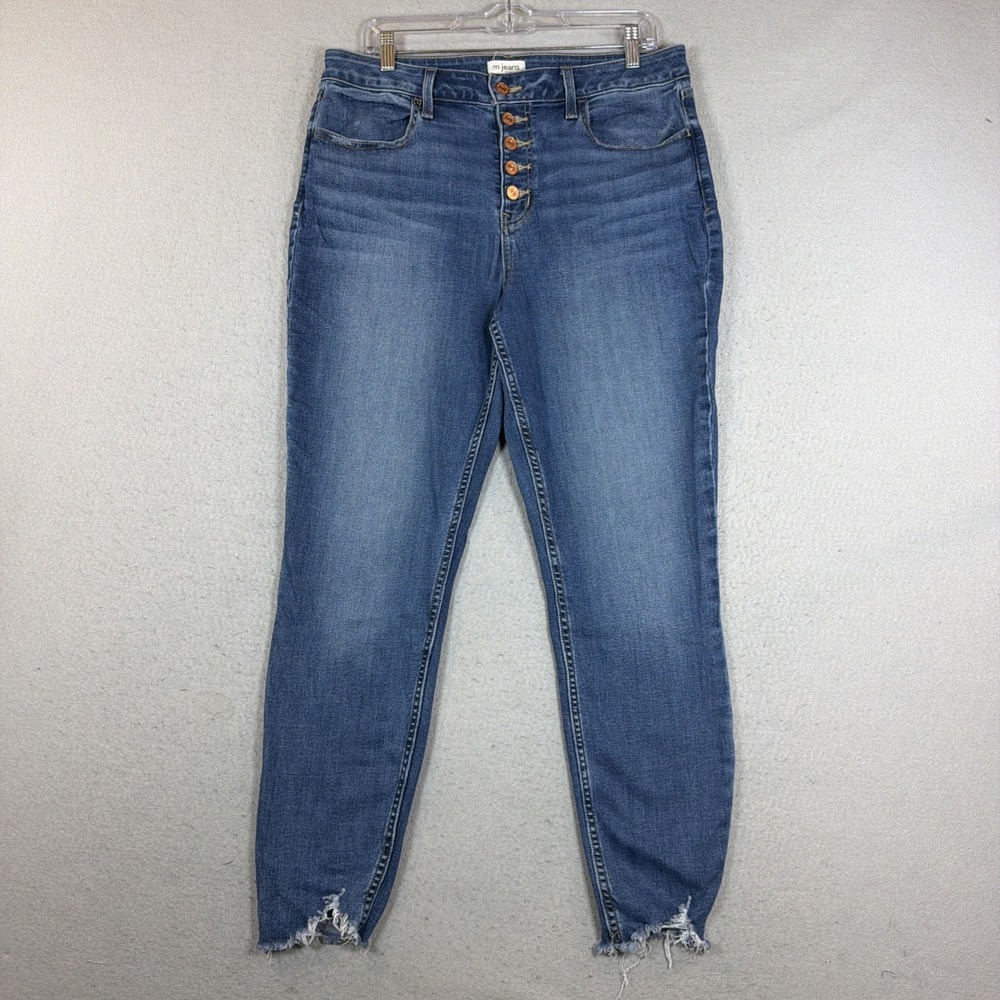 m jeans by Maurices High Rise Super Skinny Ankle Button Fly Raw Hem Large Long